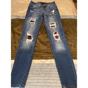 Judy Blue Buffalo plaid patch distressed destroyed skinny Jeans size 1/25